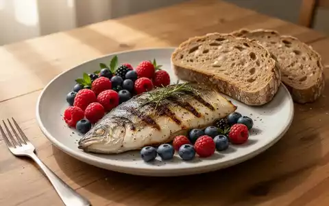 Ein gesunder Teller mit gegrilltem Fisch, frischem Obst und Vollkornbrot auf einem Holztisch bei natürlichem Licht. - Foto: über boerse-global.de