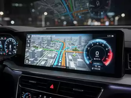 Modernes Auto-Armaturenbrett mit 3D-Navigationsinterface, immersiven Karten und Live-Tacho. - Foto: über boerse-global.de