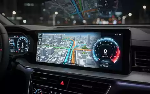 Modernes Auto-Armaturenbrett mit 3D-Navigationsinterface, immersiven Karten und Live-Tacho. - Foto: über boerse-global.de