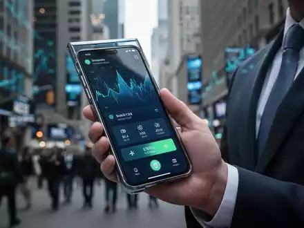 Modernes Smartphone mit digitaler Wallet-Schnittstelle vor einer verschwommenen Finanzdistrikt-Kulisse. - Foto: über boerse-global.de