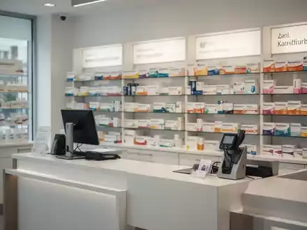 Ein moderner Apothekentresen mit Medikamentenregalen im Hintergrund als Symbol für die lokale Gesundheitsversorgung. - Foto: über boerse-global.de