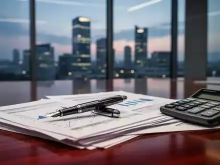 Ein moderner Schreibtisch mit Taschenrechner und Finanzunterlagen in einem Büro, symbolisch für wirtschaftliche Rentenplanung. - Foto: über boerse-global.de