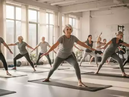 Eine Gruppe von Menschen über 40 Jahren bei einer gemeinsamen Fitness- und Yoga-Einheit in einem modernen Sportstudio. - Foto: über boerse-global.de