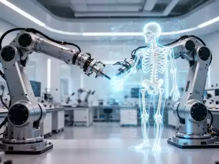 Ein Roboterarm interagiert mit einem digitalen Skelett-Modell in einem hochmodernen KI-Forschungslabor. - Foto: über boerse-global.de