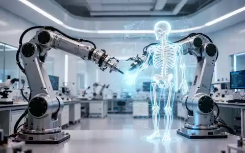 Ein Roboterarm interagiert mit einem digitalen Skelett-Modell in einem hochmodernen KI-Forschungslabor. - Foto: über boerse-global.de
