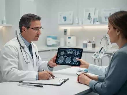 Arzt in einer modernen Klinik bespricht einen medizinischen Befund mit einem Patienten zur Früherkennung. - Foto: über boerse-global.de