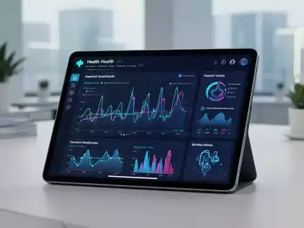 Modernes digitales Gesundheits-Dashboard mit biometrischen Daten auf einem Tablet in einer professionellen Büroumgebung. - Foto: über boerse-global.de