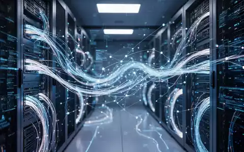 Digitale Datenströme und leuchtende Glasfaserkabel in einem High-Tech-Serverraum, die KI-Infrastruktur darstellen. - Foto: über boerse-global.de