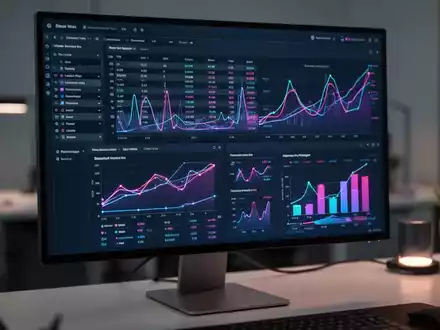 Computermonitor mit Datenblatt im Dark Mode, leuchtende Diagramme und Grafiken. - Foto: über boerse-global.de