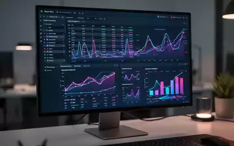 Computermonitor mit Datenblatt im Dark Mode, leuchtende Diagramme und Grafiken. - Foto: über boerse-global.de