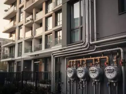 Moderne Wohnhausfassade mit Heizungsrohren und Zählern als Symbol für die rechtliche Debatte um Heizkostenumlagen. - Foto: über boerse-global.de