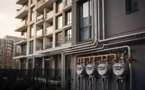 Moderne Wohnhausfassade mit Heizungsrohren und Zählern als Symbol für die rechtliche Debatte um Heizkostenumlagen. - Foto: über boerse-global.de