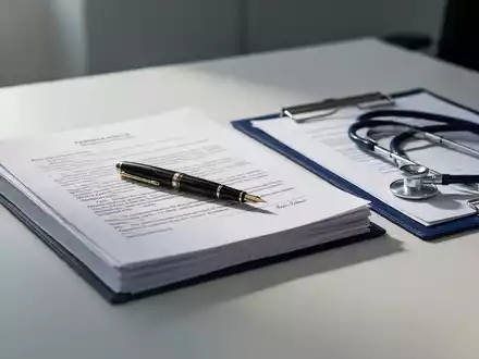 Ein Schreibtisch mit juristischen Dokumenten und einer medizinischen Akte als Symbol für Arbeitsrecht und Krankmeldung. - Foto: über boerse-global.de