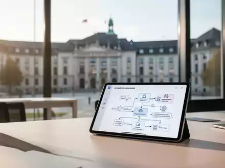 Ein moderner, heller Schreibtisch mit einem Tablet, das digitale Verwaltungsprozesse symbolisiert, vor einem unscharfen Behördengebäude. - Foto: über boerse-global.de