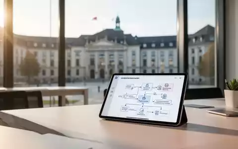 Ein moderner, heller Schreibtisch mit einem Tablet, das digitale Verwaltungsprozesse symbolisiert, vor einem unscharfen Behördengebäude. - Foto: über boerse-global.de