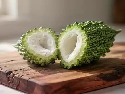 Aufgeschnittene Bittermelone auf einem Holzbrett vor einem hellen, natürlichen Hintergrund. - Foto: über boerse-global.de
