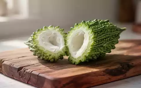 Aufgeschnittene Bittermelone auf einem Holzbrett vor einem hellen, natürlichen Hintergrund. - Foto: über boerse-global.de