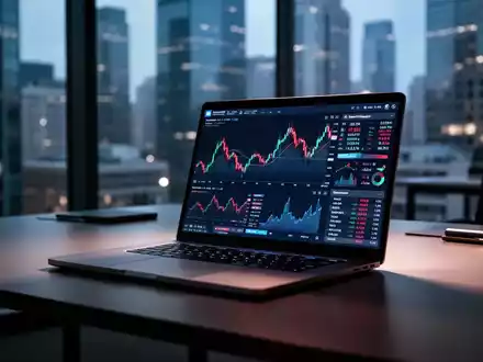 Digitales Finanz-Dashboard mit volatilen Aktienkursen und Datenvisualisierungen auf einem Laptop-Bildschirm. - Foto: über boerse-global.de