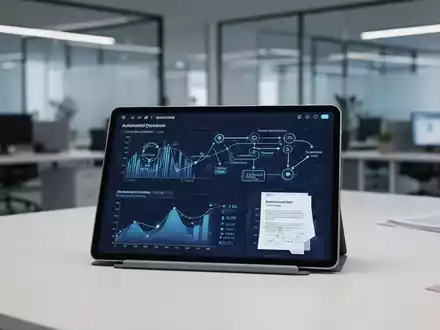 Modernes Büro-Setup mit Tablet, das KI-gestützte Finanzdaten und automatisierte Dokumentenprozesse visualisiert. - Foto: über boerse-global.de