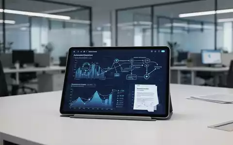 Modernes Büro-Setup mit Tablet, das KI-gestützte Finanzdaten und automatisierte Dokumentenprozesse visualisiert. - Foto: über boerse-global.de
