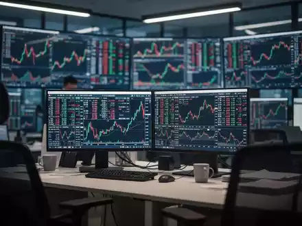 Moderne Finanzbüroumgebung mit verschwommenen Börsencharts auf Monitoren im Hintergrund. - Foto: über boerse-global.de