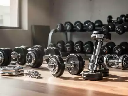 Verschiedene Hantelsets und freie Gewichte in einem modernen Heim-Fitnessstudio bei natürlichem Licht. - Foto: über boerse-global.de