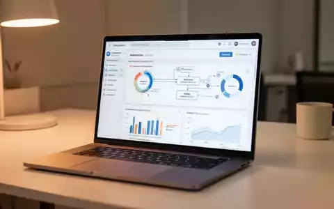 Moderner Arbeitsplatz mit Laptop, der ein Projektmanagement-Dashboard und Datenvisualisierungsdiagramme zeigt. - Foto: über boerse-global.de