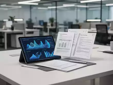 Modernes Büro mit digitalem Tablet, das Datenvisualisierungen und standardisierte Dokumentenvorlagen anzeigt. - Foto: über boerse-global.de