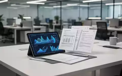 Modernes Büro mit digitalem Tablet, das Datenvisualisierungen und standardisierte Dokumentenvorlagen anzeigt. - Foto: über boerse-global.de