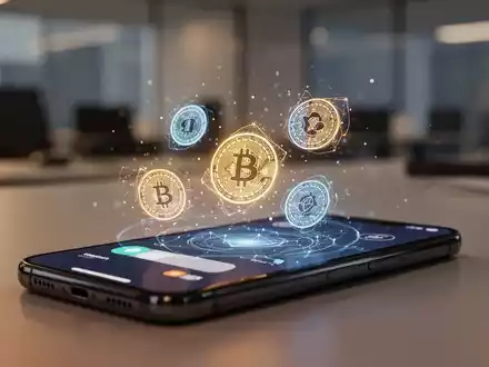 Smartphone-Bildschirm mit digitalem Wallet und Kryptowährungs-Icons im Büro. - Foto: über boerse-global.de