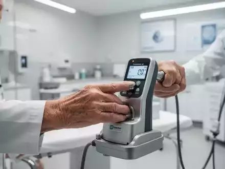 Eine ältere Person misst ihre Griffkraft mit einem medizinischen Dynamometer in einer modernen Klinik. - Foto: über boerse-global.de