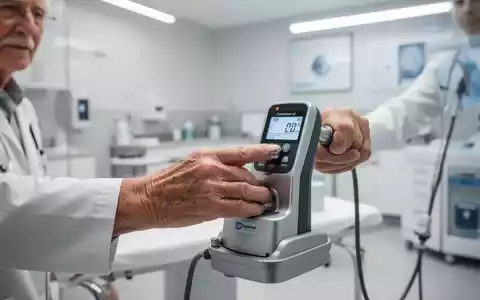 Eine ältere Person misst ihre Griffkraft mit einem medizinischen Dynamometer in einer modernen Klinik. - Foto: über boerse-global.de