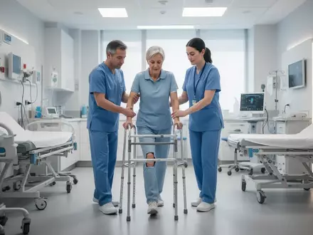 Patient bei ersten Gehübungen mit Physiotherapeut in einer modernen Klinik nach einer Knie-Operation. - Foto: über boerse-global.de