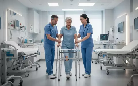 Patient bei ersten Gehübungen mit Physiotherapeut in einer modernen Klinik nach einer Knie-Operation. - Foto: über boerse-global.de