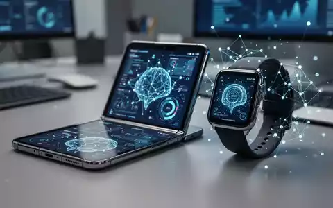 Faltbares Smartphone und Smartwatch mit KI-Datenanalyse und neuronalen Netzwerkschnittstellen im modernen Büro. - Foto: über boerse-global.de