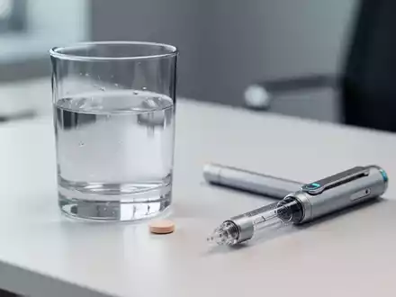 Eine Tablette und ein Injektionsstift für ein Abnehmmedikament liegen nebeneinander auf einem hellen Schreibtisch. - Foto: über boerse-global.de