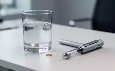 Eine Tablette und ein Injektionsstift für ein Abnehmmedikament liegen nebeneinander auf einem hellen Schreibtisch. - Foto: über boerse-global.de