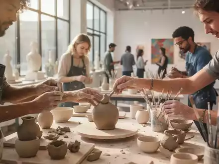 Menschen arbeiten gemeinsam in einem hellen Atelier an Keramik- und Kunstprojekten zur Förderung der sozialen Inklusion. - Foto: über boerse-global.de