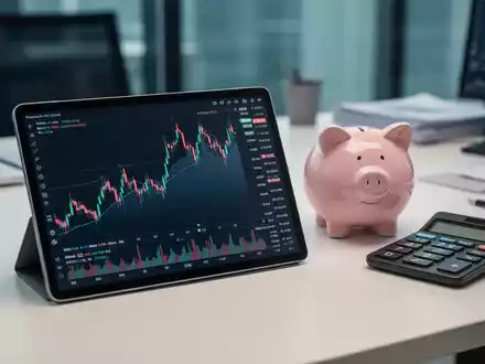 Ein moderner Schreibtisch mit einem Tablet, das Aktienkurse anzeigt, und einem Sparschwein als Symbol für Altersvorsorge. - Foto: über boerse-global.de