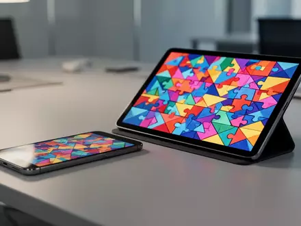 Smartphone und Tablet mit bunten Puzzle-Gittern auf einem modernen Bürotisch. - Foto: über boerse-global.de