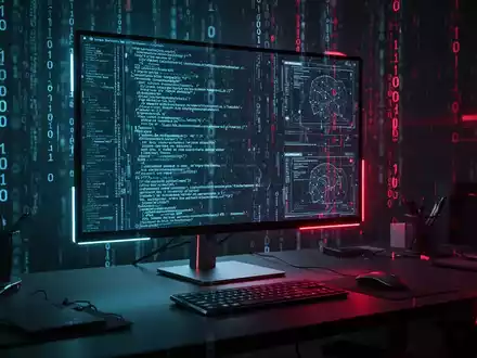 Ein beleuchteter Computerbildschirm mit komplexem Programmcode und binären Datenströmen in einem abgedunkelten Büro. - Foto: über boerse-global.de
