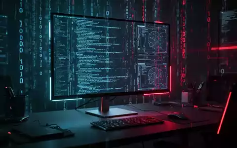 Ein beleuchteter Computerbildschirm mit komplexem Programmcode und binären Datenströmen in einem abgedunkelten Büro. - Foto: über boerse-global.de