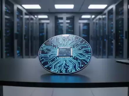 Hightech-Halbleiterwafer auf einem Schreibtisch mit verschwommenem Rechenzentrum im Hintergrund, das KI-Chip-Technologie repräsentiert. - Foto: über boerse-global.de