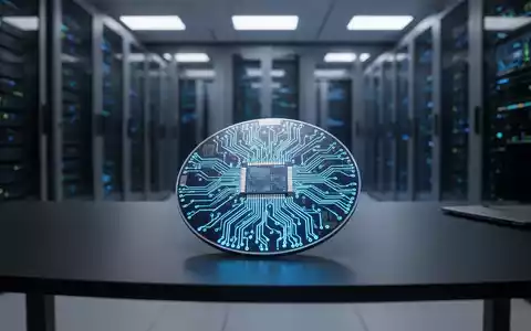 Hightech-Halbleiterwafer auf einem Schreibtisch mit verschwommenem Rechenzentrum im Hintergrund, das KI-Chip-Technologie repräsentiert. - Foto: über boerse-global.de