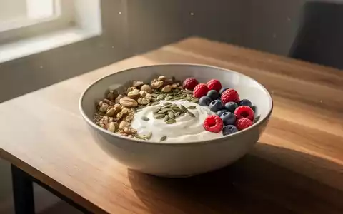 Gesundes, proteinreiches Frühstück mit Joghurt, Nüssen und Beeren auf einem Holztisch im morgendlichen Sonnenlicht. - Foto: über boerse-global.de