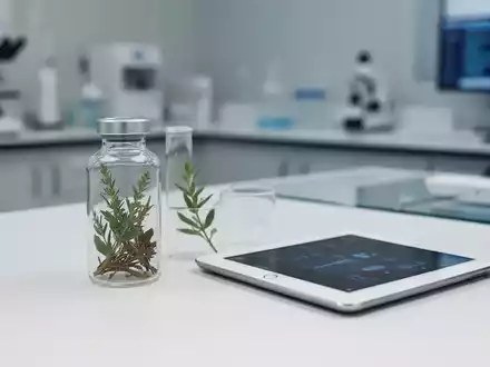 Ein Glasfläschchen mit Pflanzenextrakt und eine Tablette auf einem sauberen Labortisch als Symbol für moderne Naturheilkunde. - Foto: über boerse-global.de