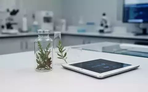 Ein Glasfläschchen mit Pflanzenextrakt und eine Tablette auf einem sauberen Labortisch als Symbol für moderne Naturheilkunde. - Foto: über boerse-global.de