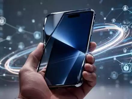 Schlankes iPhone in einer Hand vor verschwommenem digitalem Hintergrund, der mobile Sicherheit und Software-Updates darstellt. - Foto: über boerse-global.de