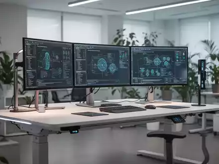 Moderner, ergonomischer Arbeitsplatz mit höhenverstellbarem Schreibtisch und moderner technischer Ausstattung. - Foto: über boerse-global.de