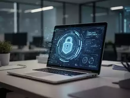 Moderner Büroarbeitsplatz mit digitaler Sicherheitsoberfläche auf einem Laptop zur Veranschaulichung von Compliance-Schulungen. - Foto: über boerse-global.de